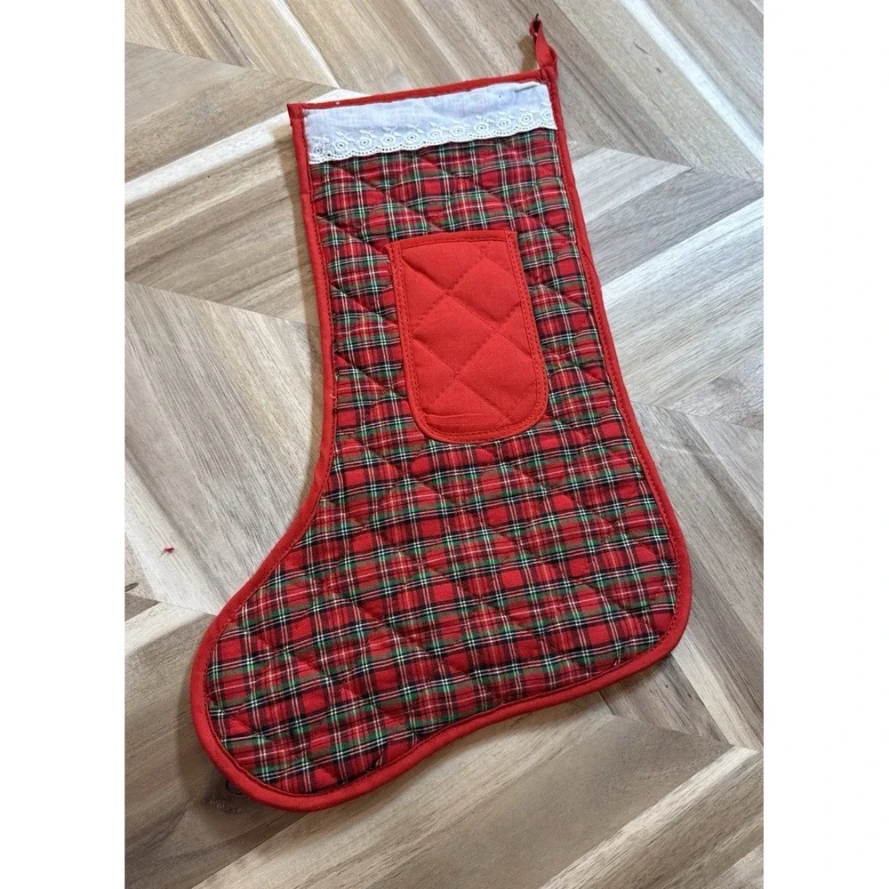 Vintage Quilted Stocking Plaid Lacey Cuff Pocket Grandma Cottage Core Scandi 14